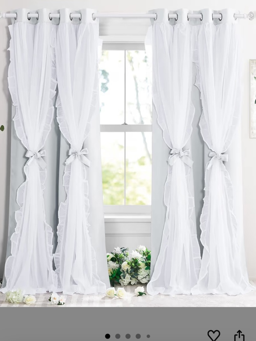 Elegant White Sheer and grey black out Ruffled Tie-Back Curtains
